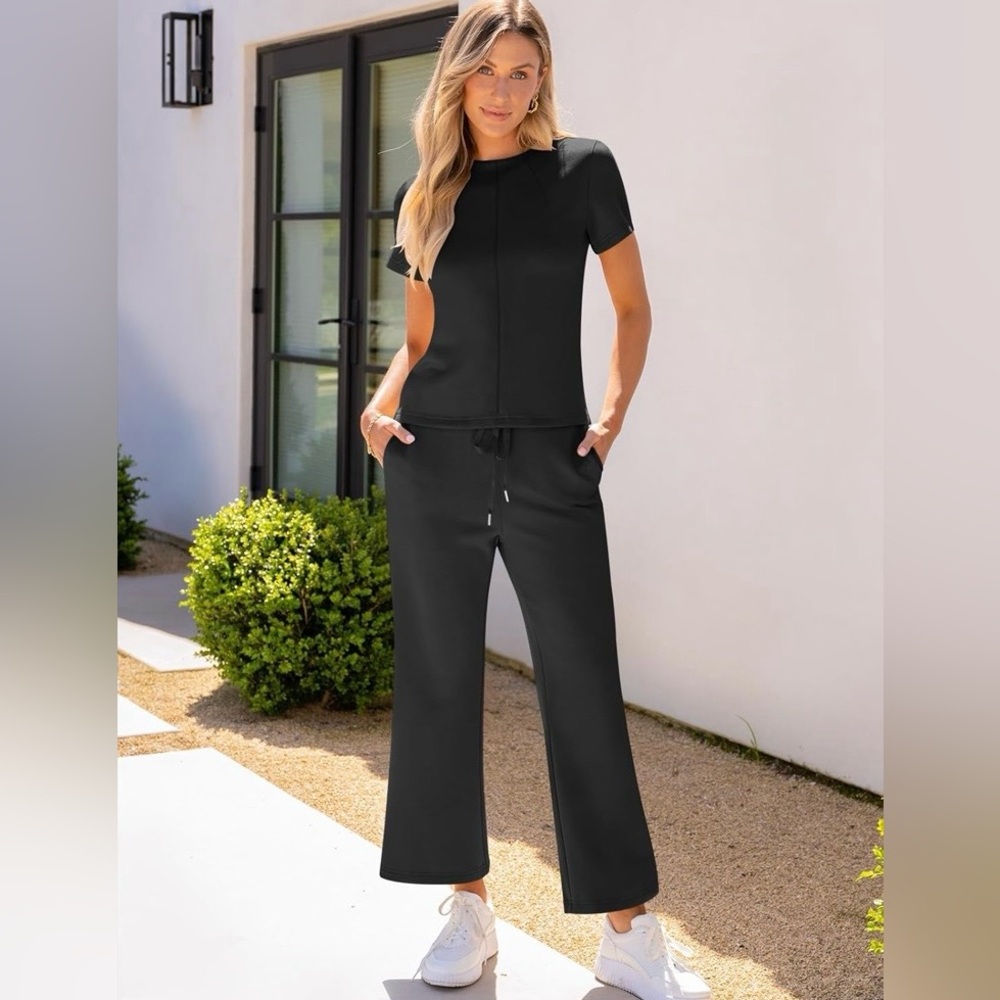 Anrabess 2 Piece Lounge Set - Short Sleeve Crop & Wide Leg Pants - L-NWOT